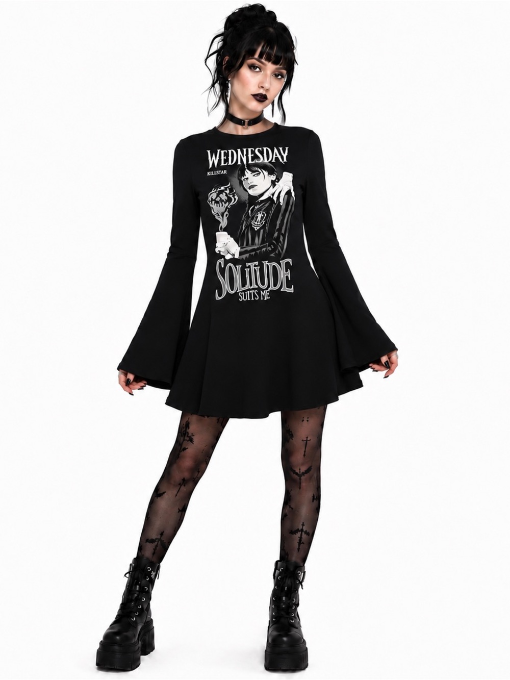 Killstar x Wednesday Solitude Suits Me Skater Dress Bell Sleeve Womens SZ S Goth